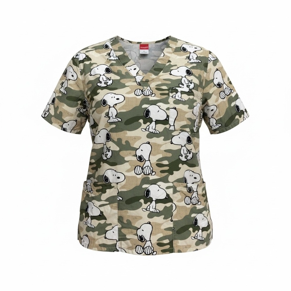 Peanuts Snoopy Camouflage Scrub Top Womens Small Green Tan Camo V-Neck Cotton